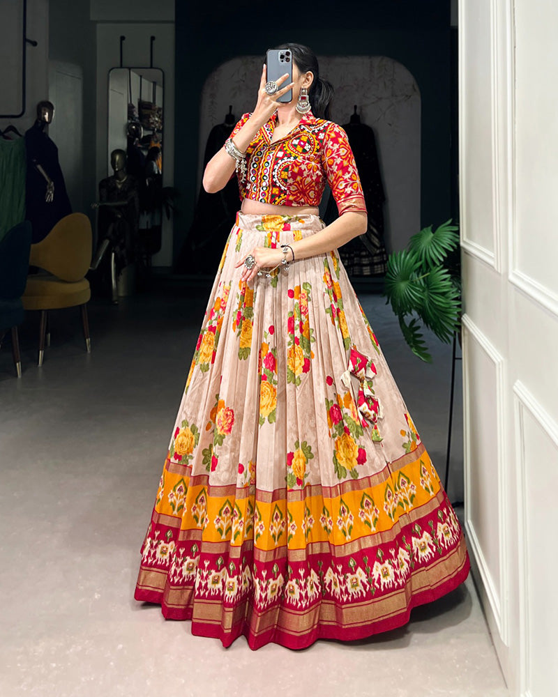 Red Color Tussar Silk Patola Printed Lehenga Choli - ETHNICDEAL