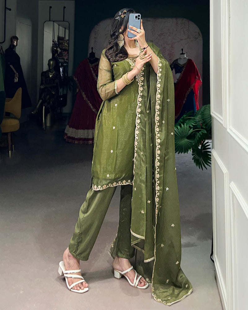 Olive Green Color Gold Coin Three Piece Kurti Suit - ETHNICDEAL