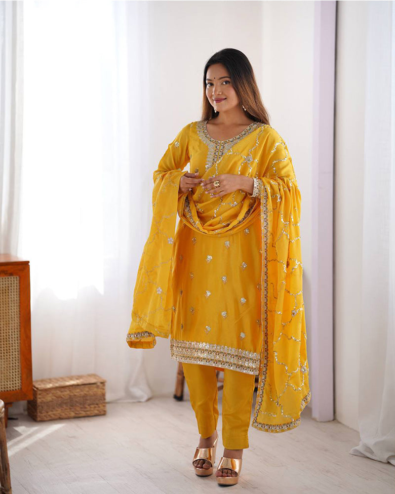 Yellow Color Chinon Silk Embroidered Three Piece Kurti Suit - ETHNICDEAL