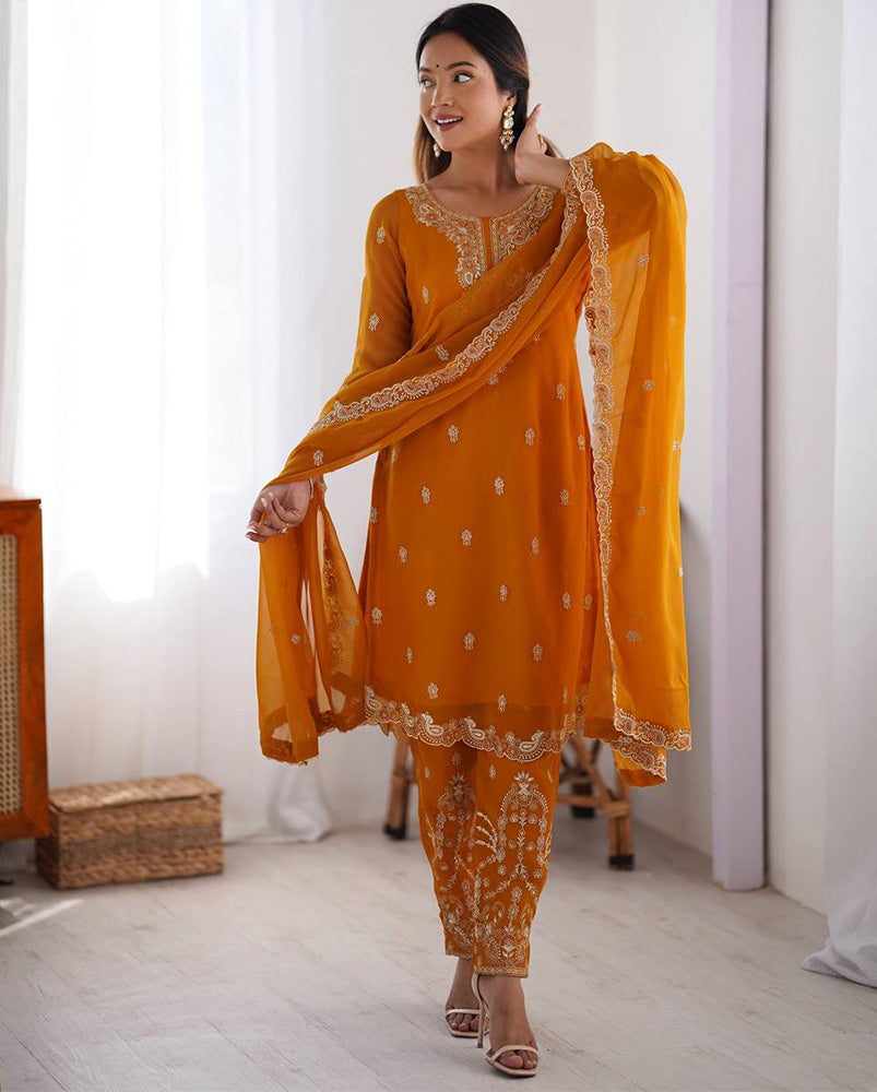 Yellow Color Faux Georgette Three Piece Kurti Suit - ETHNICDEAL