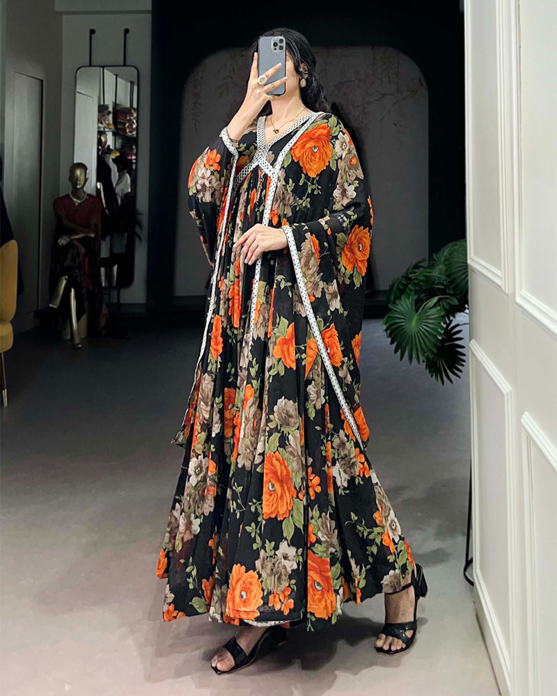 Black And Orange Color Floral Printed Georgette Gown - ETHNICDEAL