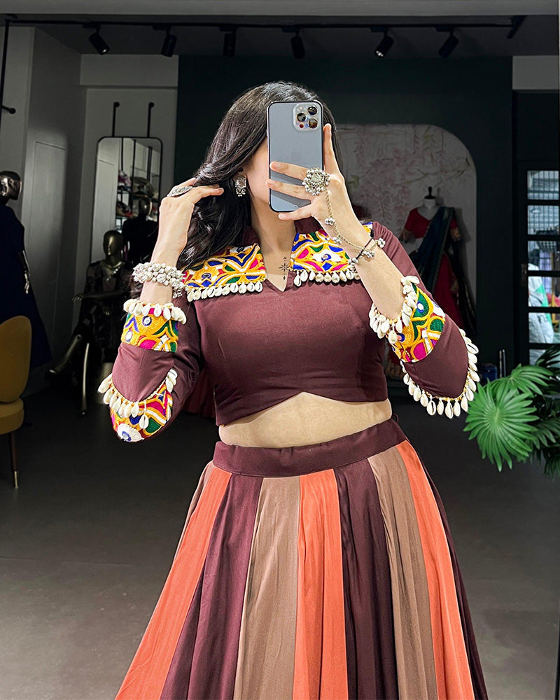 Multi Brown Color Pure Rayon Navratri Lehenga Choli - ETHNICDEAL
