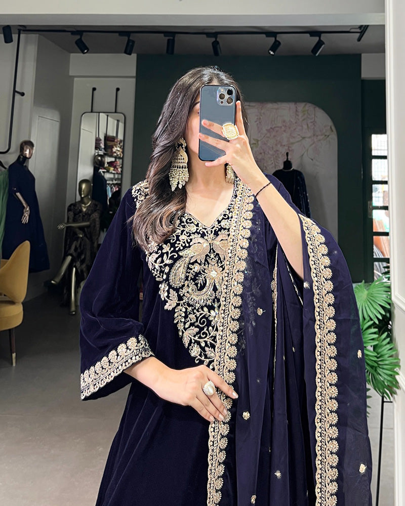 Navy Blue Color Velvet Three Piece Kurti Suit - ETHNICDEAL