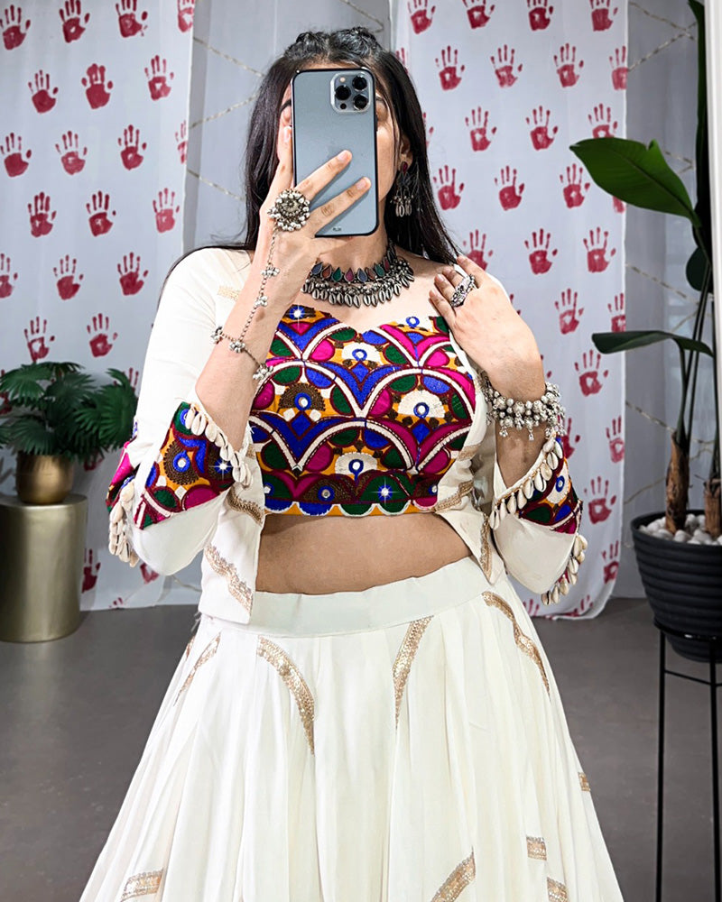 White Color Pure Rayon Navratri Lehenga Choli - ETHNICDEAL