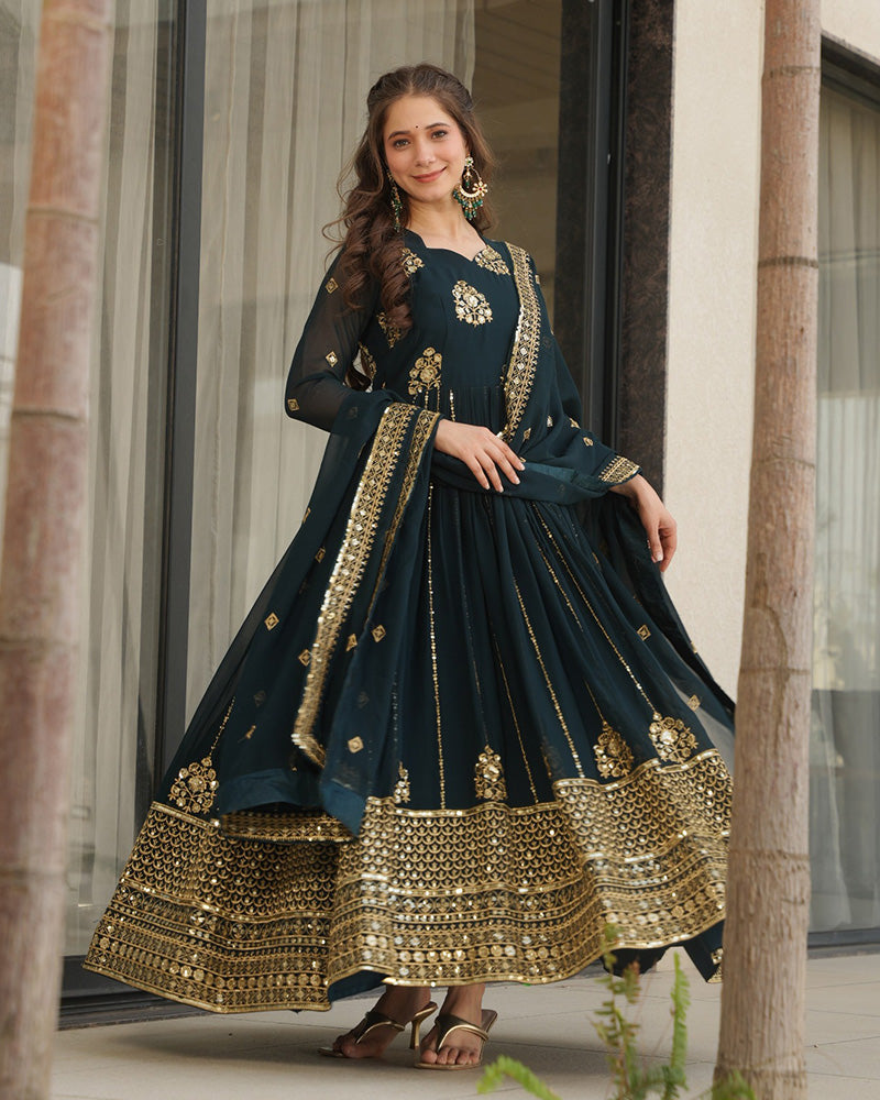 Deep Teal Green Color Designer Golden Embroidered Gown - ETHNICDEAL
