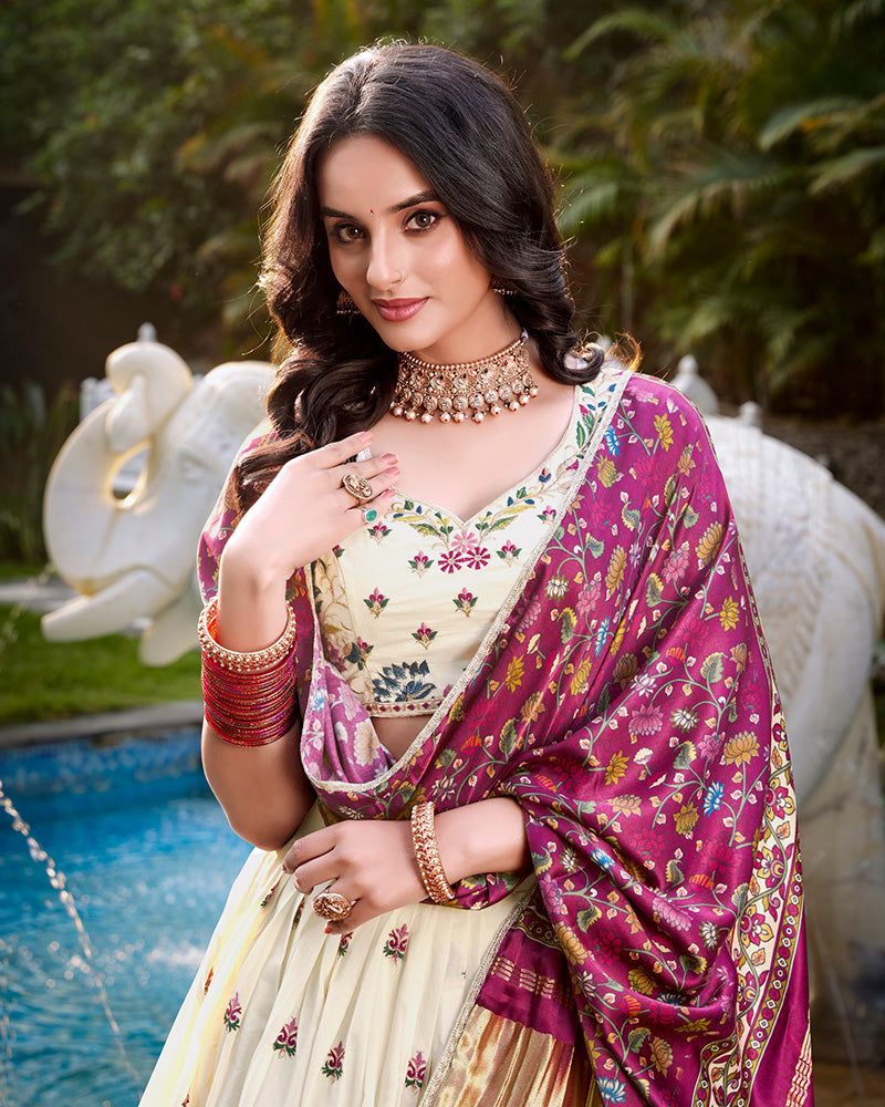 Flower Shape Off-White Color Cotton Lehenga Choli - ETHNICDEAL