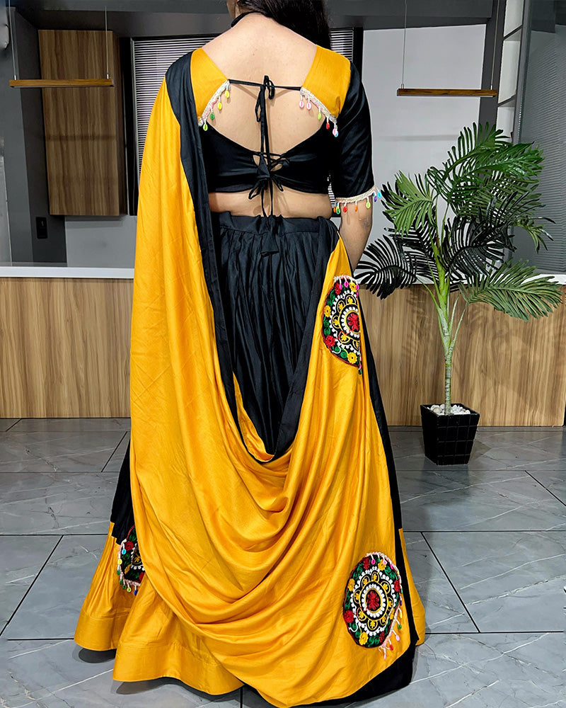 Mustard And Black Color Pure Rayon Cotton Navratri Lehenga Choli - ETHNICDEAL