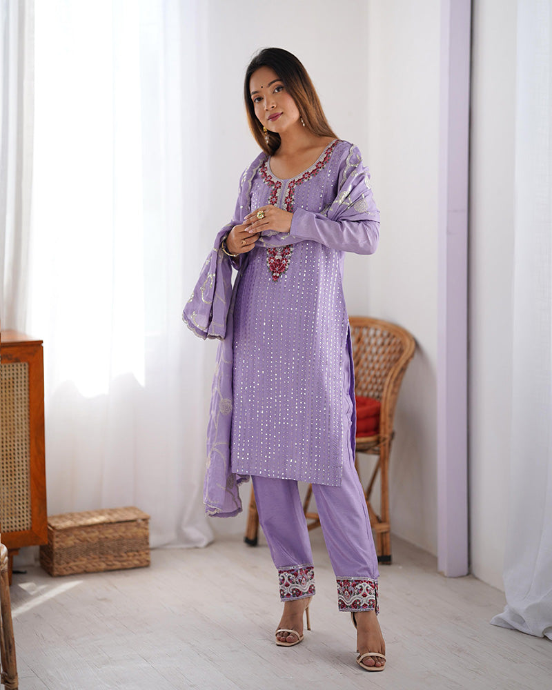 Light Purple Color Chinon Silk Three Piece Kurti Suit - ETHNICDEAL