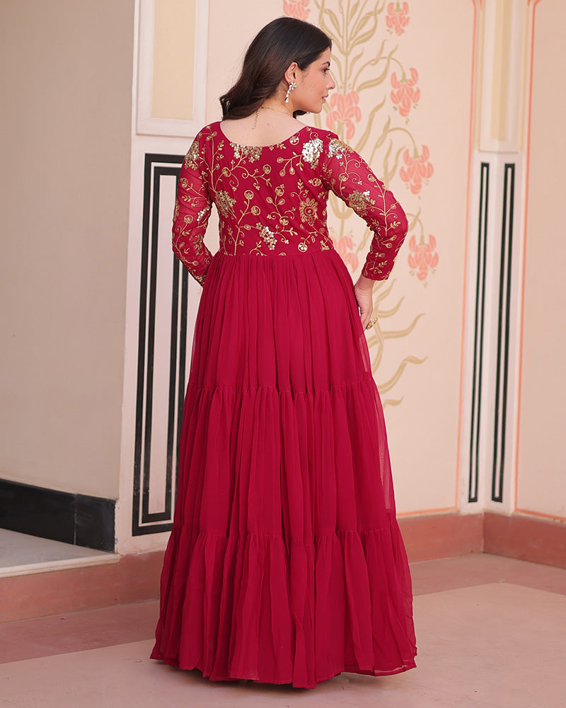 Elegant Rani Pink Floor-Length Gown With Golden Threadwork - ETHNICDEAL