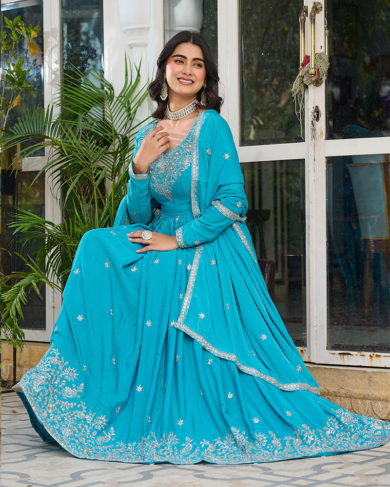 Sky Blue Color American Silk Thred with Sequnce work Gown - ETHNICDEAL