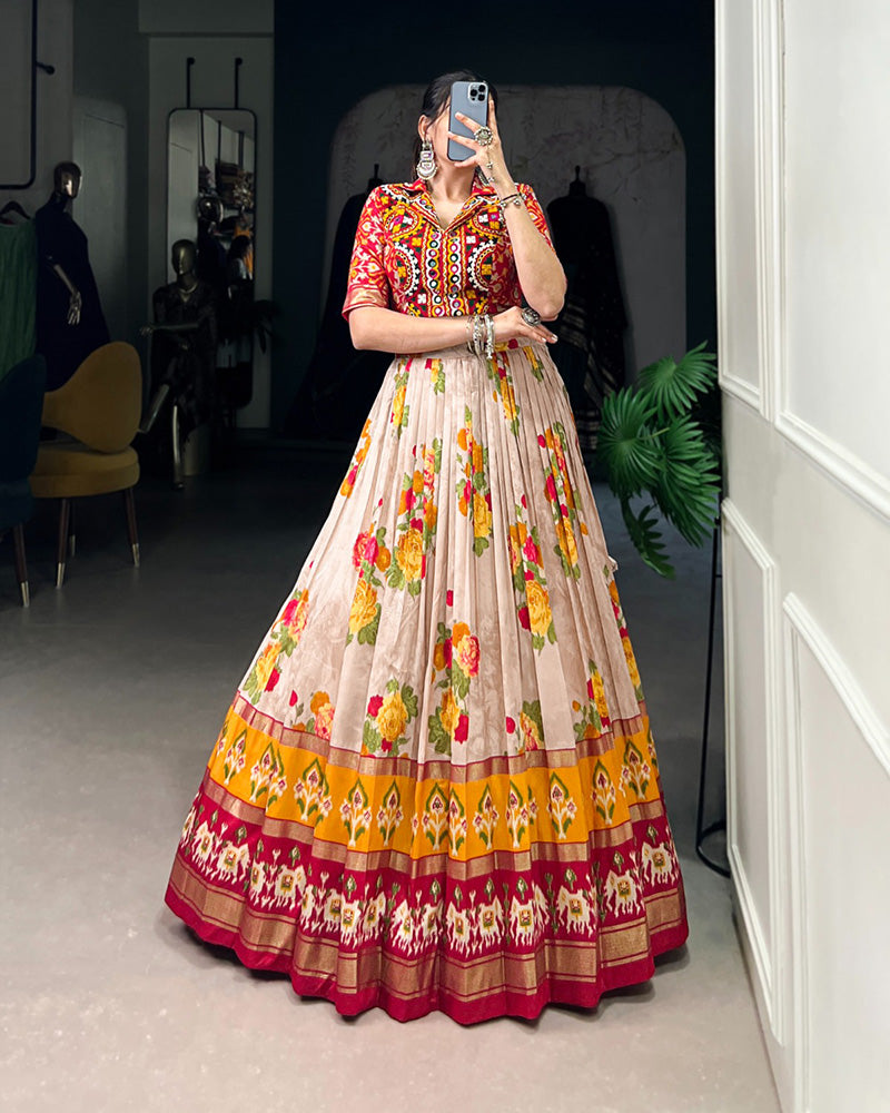 Red Color Tussar Silk Patola Printed Lehenga Choli - ETHNICDEAL