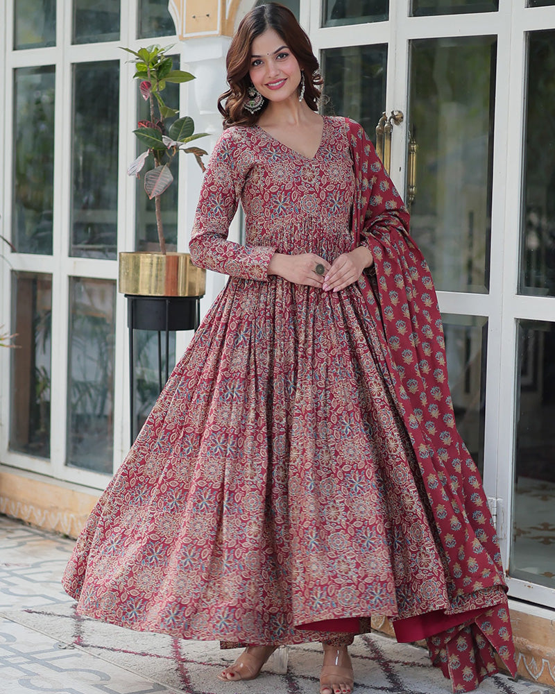 Premium Maroon Color Pure Cotton Kurti With Pant And Dupatta Set - ETHNICDEAL