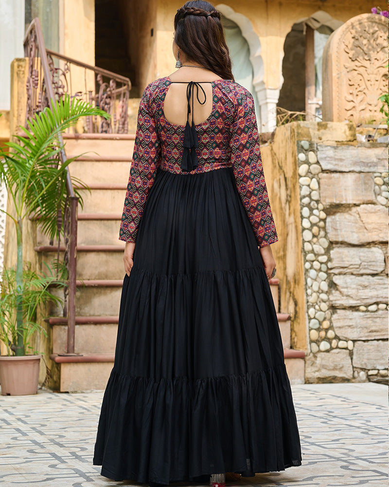 Classic Black Mirror Embroidered Rayon Gown For Navratri - ETHNICDEAL