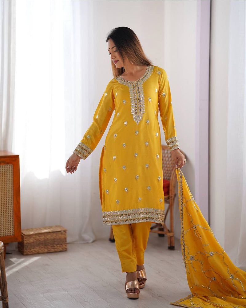 Yellow Color Chinon Silk Embroidered Three Piece Kurti Suit - ETHNICDEAL