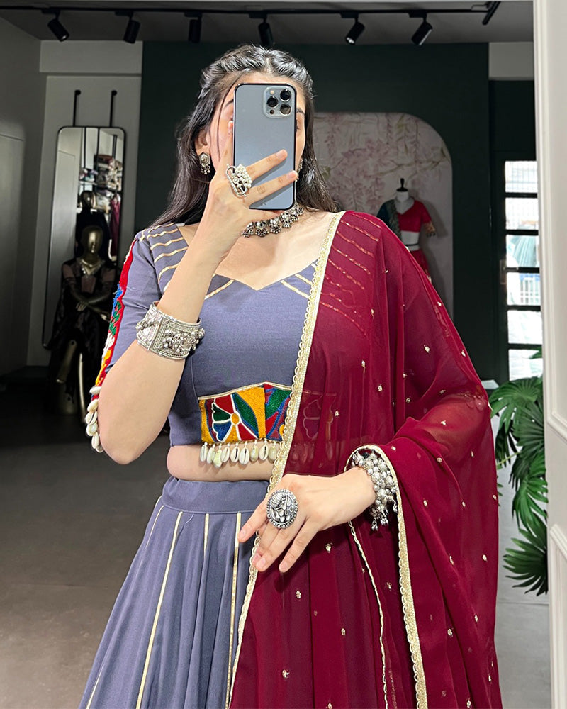 Onion Color Rayon Embossed Navratri Lehenga Choli - ETHNICDEAL