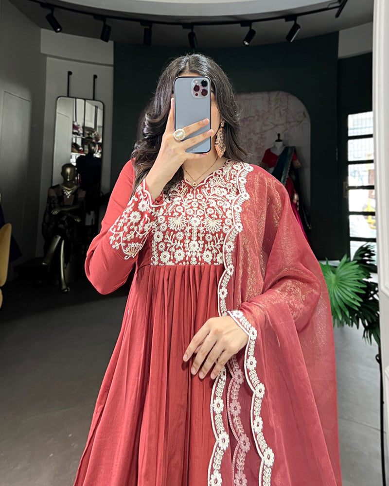 Rust Orange Color Maska Cotton Three Piece Kurti Suit - ETHNICDEAL