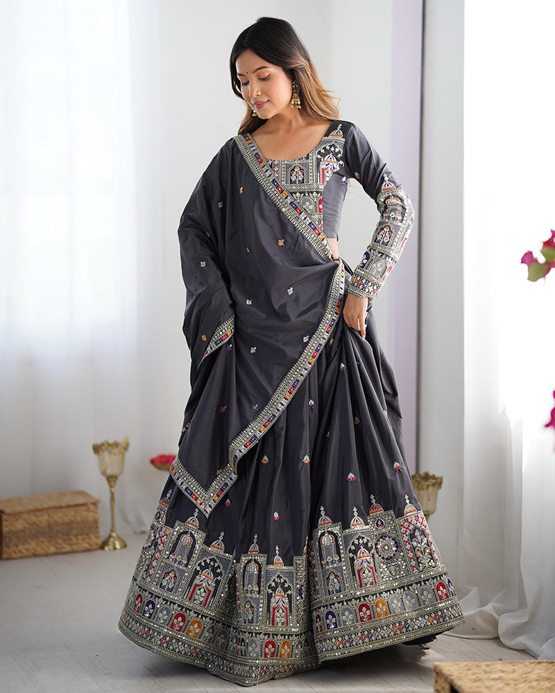Black Color Natural Crepe Silk Lehenga Choli - ETHNICDEAL