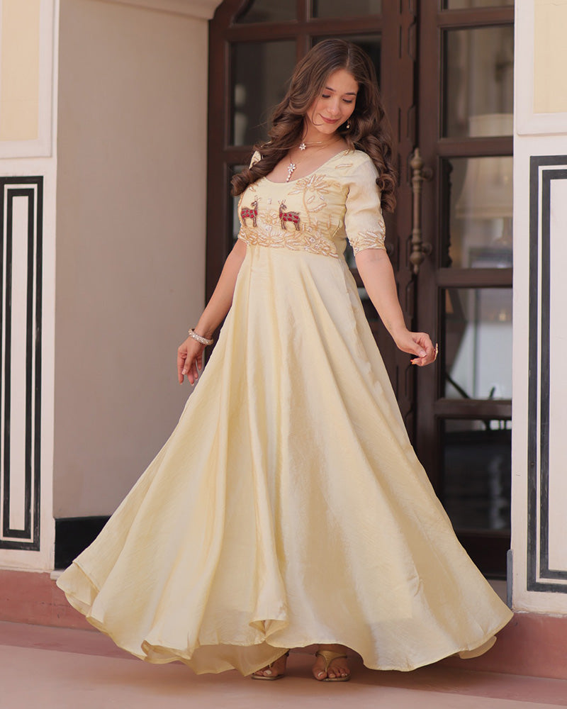 Cream Color Gold Crush Embroidered Work Gown - ETHNICDEAL