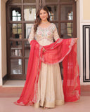 Off-White Color Jacquard Gown With Red Dupatta - ETHNICDEAL