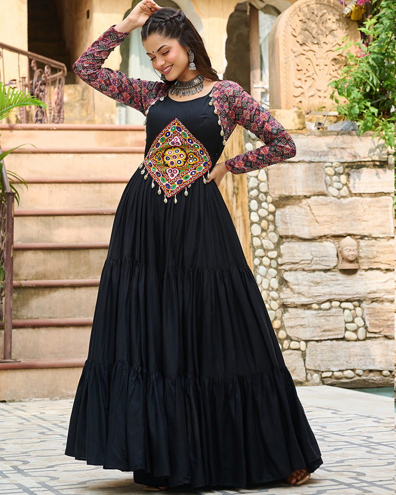Classic Black Mirror Embroidered Rayon Gown For Navratri - ETHNICDEAL
