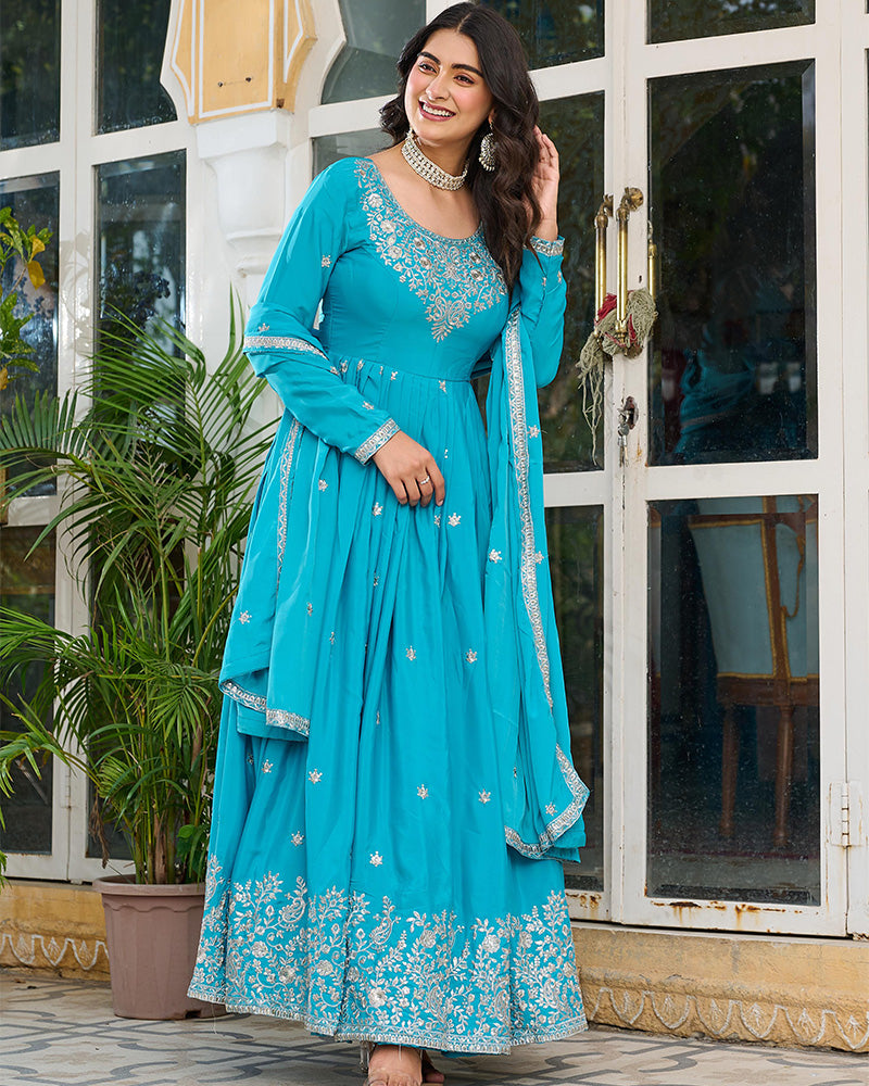 Sky Blue Color American Silk Thred with Sequnce work Gown - ETHNICDEAL