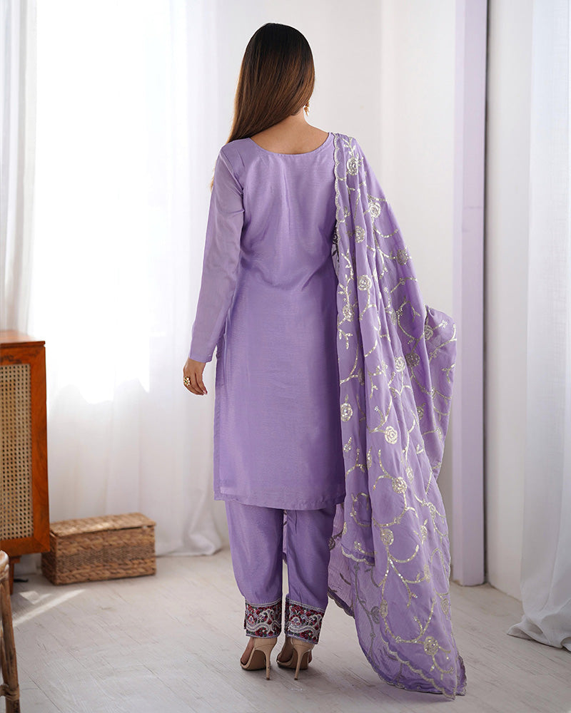 Light Purple Color Chinon Silk Three Piece Kurti Suit - ETHNICDEAL
