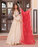 Off-White Color Jacquard Gown With Red Dupatta - ETHNICDEAL