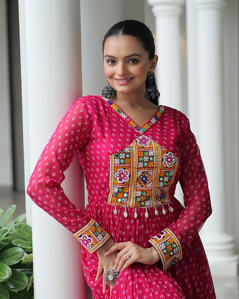 Pink Color Georgette Bandhani Print Navratri Gown - ETHNICDEAL