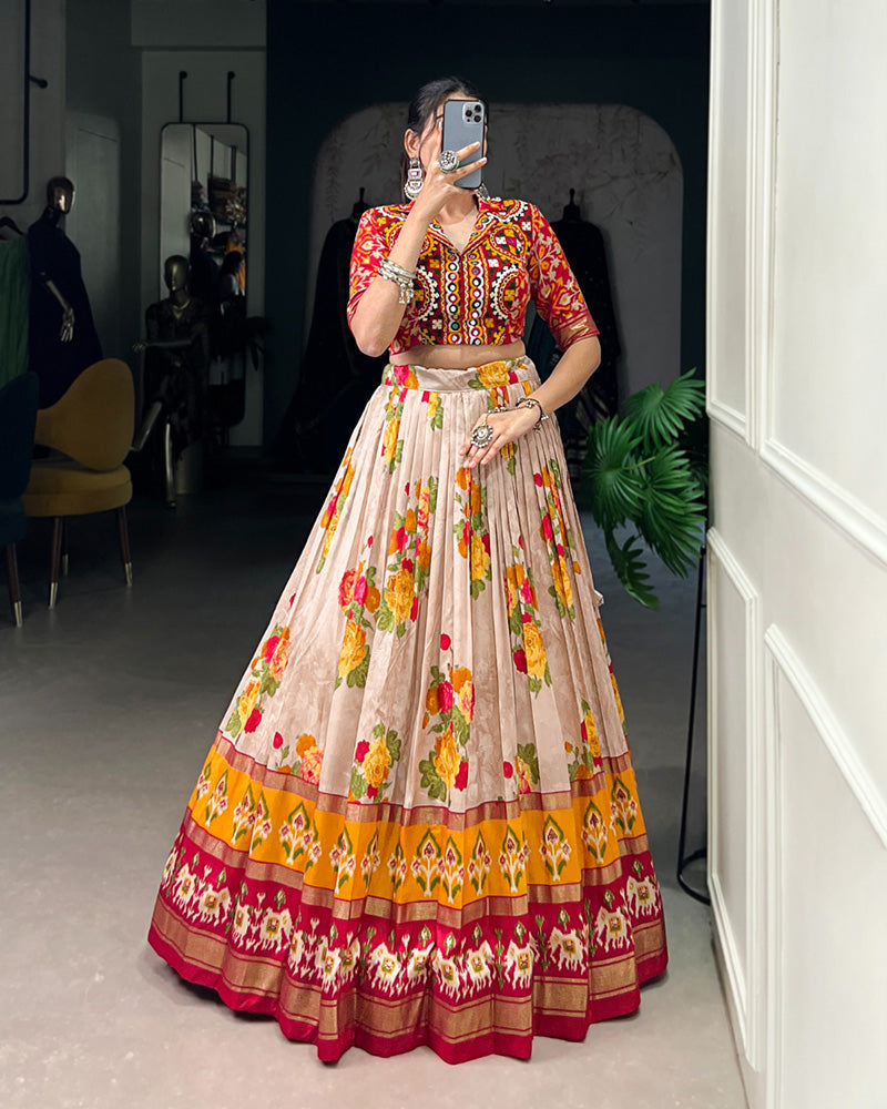 Red Color Tussar Silk Patola Printed Lehenga Choli - ETHNICDEAL