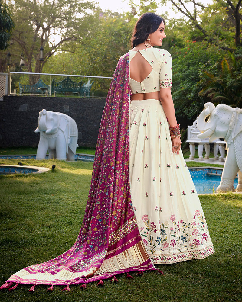 Flower Shape Off-White Color Cotton Lehenga Choli - ETHNICDEAL