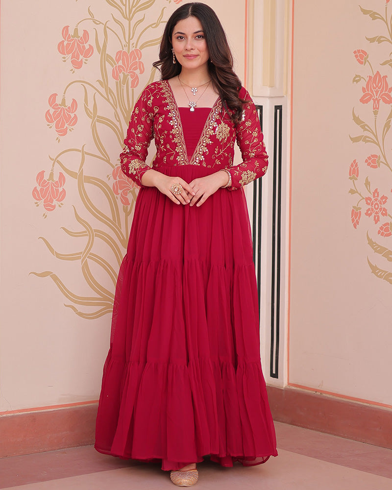 Elegant Rani Pink Floor-Length Gown With Golden Threadwork - ETHNICDEAL