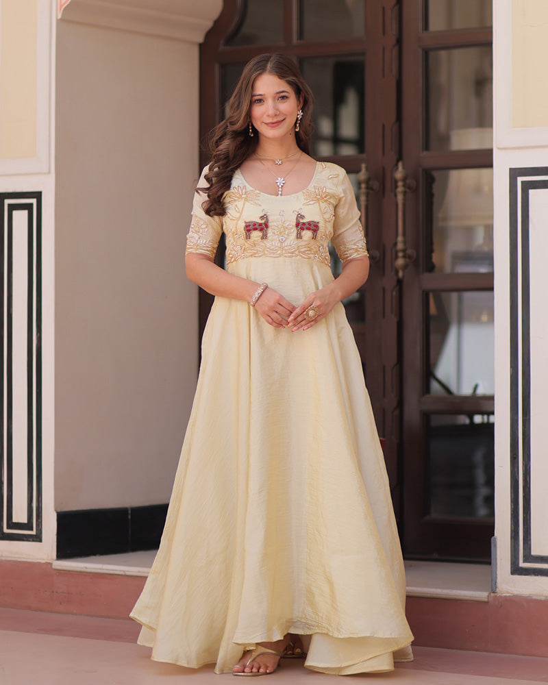 Cream Color Gold Crush Embroidered Work Gown - ETHNICDEAL