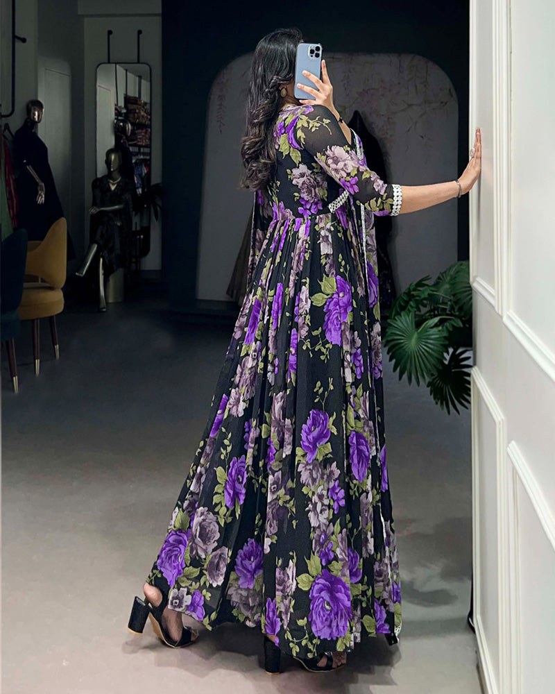 Black And Purple Color Floral Printed Georgette Gown - ETHNICDEAL