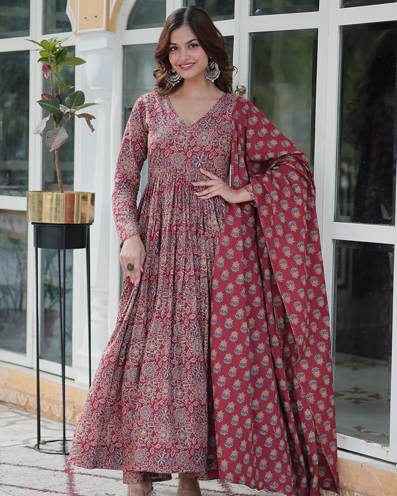 Premium Maroon Color Pure Cotton Kurti With Pant And Dupatta Set - ETHNICDEAL