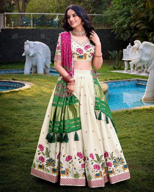 Lotus Shape Off-White Color Cotton Lehenga Choli - ETHNICDEAL