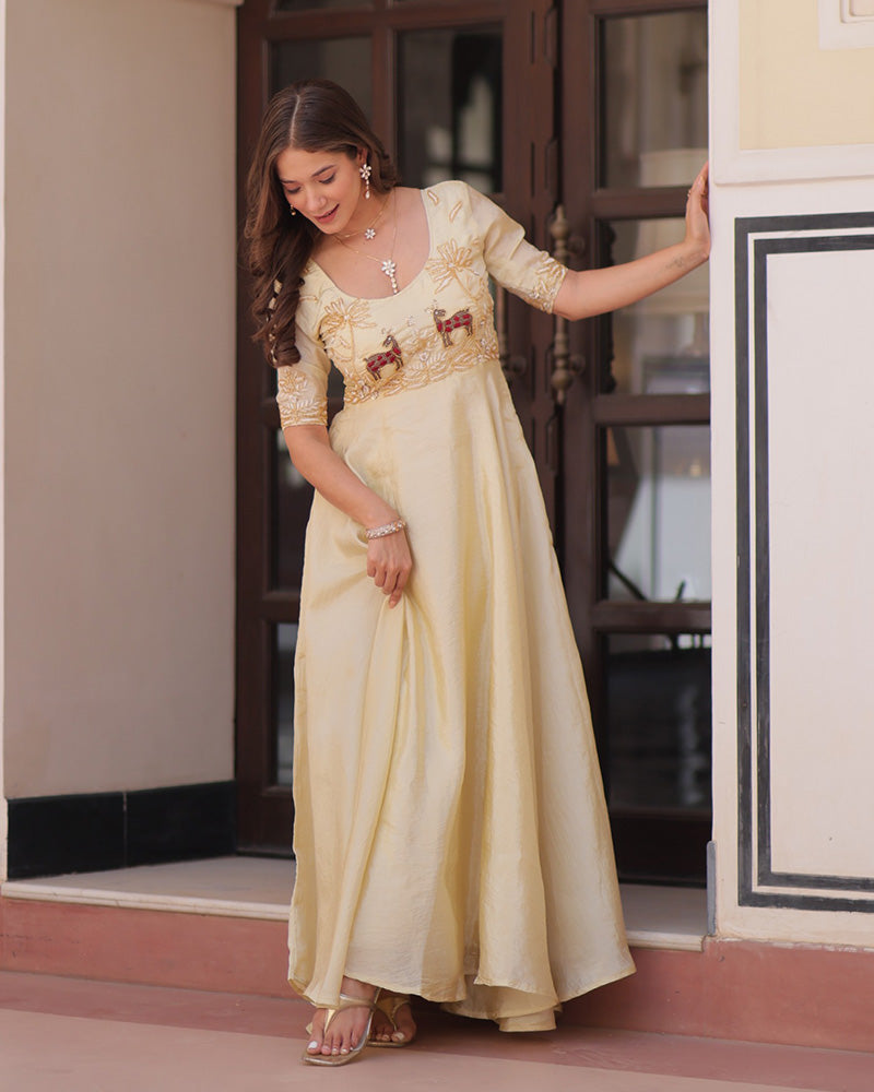 Cream Color Gold Crush Embroidered Work Gown - ETHNICDEAL
