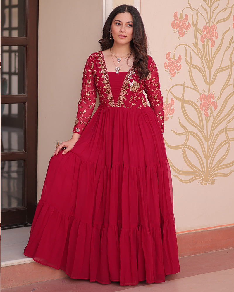 Elegant Rani Pink Floor-Length Gown With Golden Threadwork - ETHNICDEAL