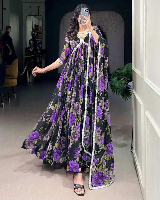 Black And Purple Color Floral Printed Georgette Gown - ETHNICDEAL