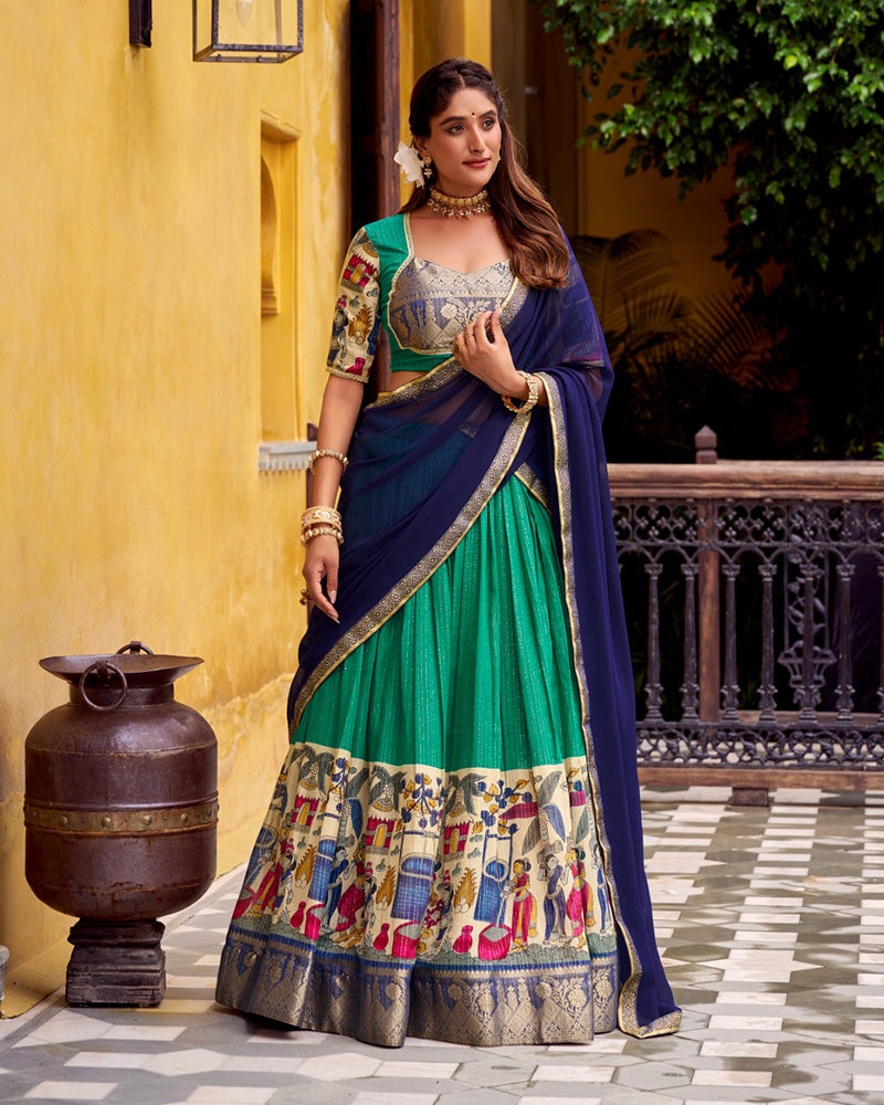 Bottle Green Color Poly Chanderi Printed Lehenga Choli - ETHNICDEAL