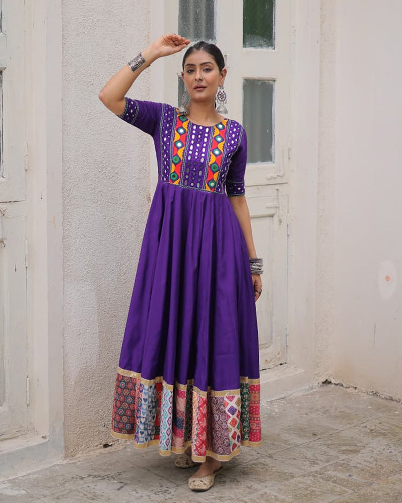 Colorful Border Purple Color Roman Silk Gamthi Work Navratri Gown - ETHNICDEAL