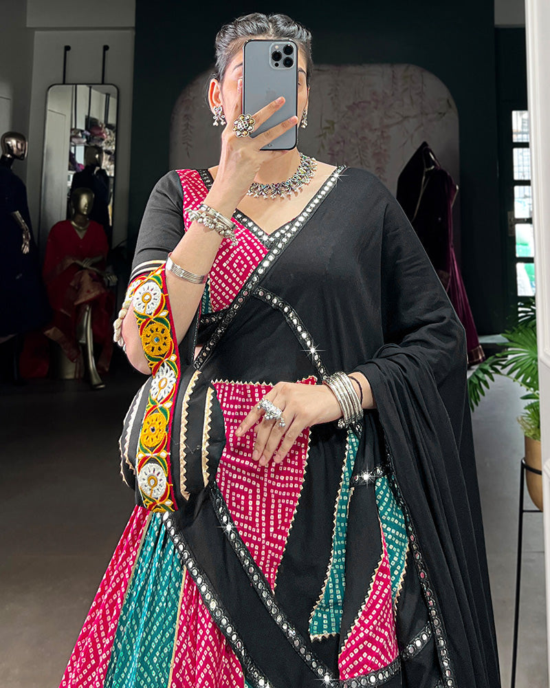 Sky And Pink Bandhej And Ajarakh Print Rayon Navratri Lehenga Choli - ETHNICDEAL