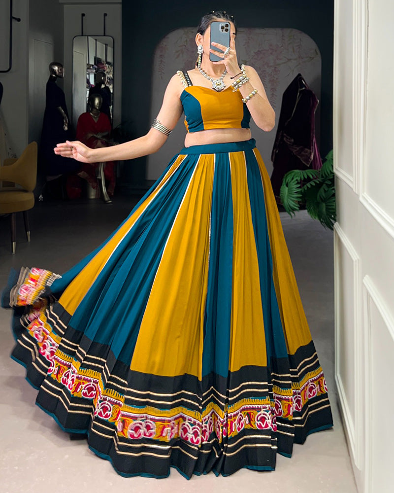 Mustard Color Pure Rayon Navratri Lehenga With Black Choli - ETHNICDEAL