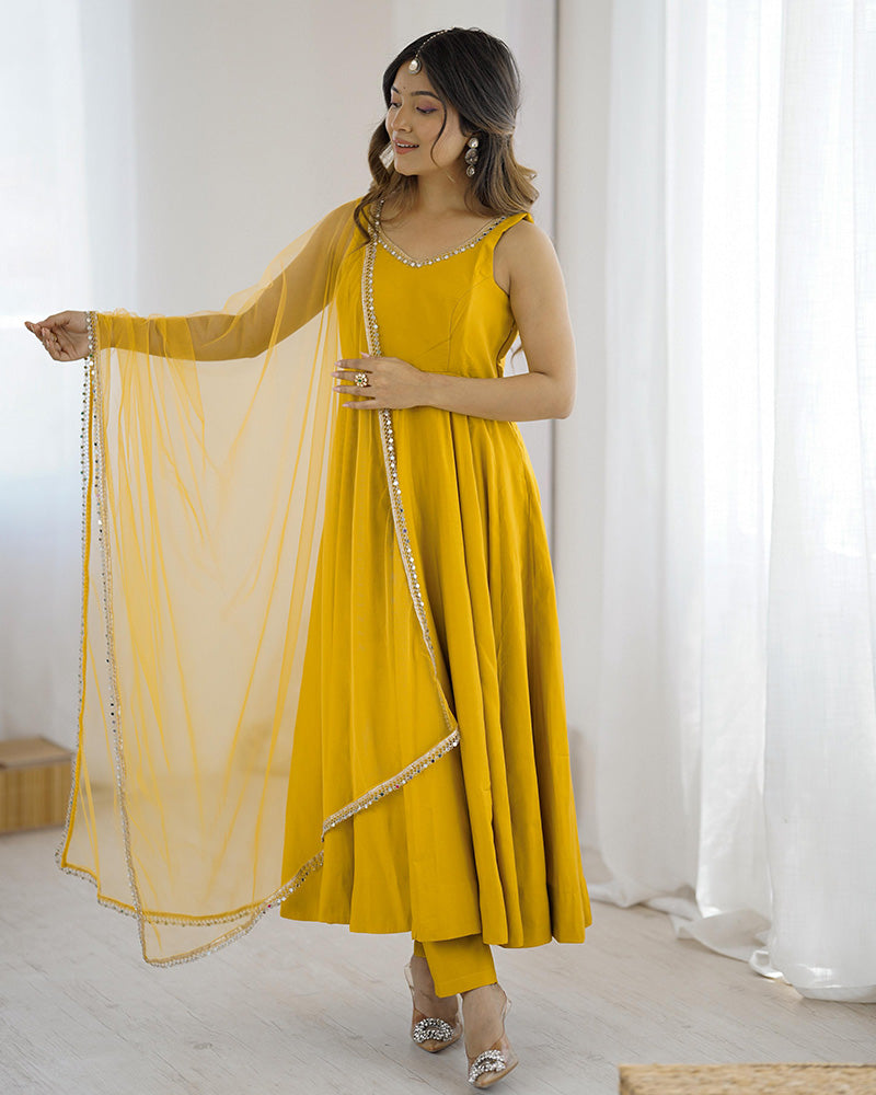 Yellow Color Chanderi Pure Roman Silk Anarkali Suit - ETHNICDEAL