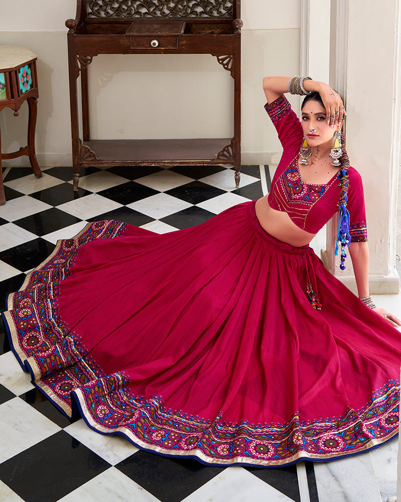 Festive Pink Tussar Silk Full Stitched Lehenga Choli for Garba and Navratri - ETHNICDEAL