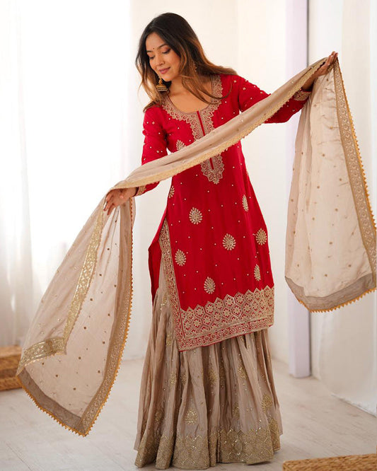 Red Color Chinon Silk Embroidered Sharara Suit - ETHNICDEAL