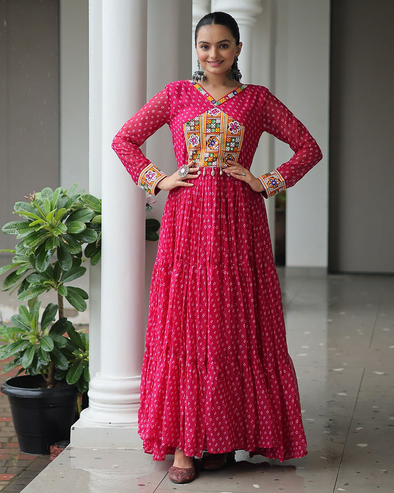 Pink Color Georgette Bandhani Print Navratri Gown - ETHNICDEAL