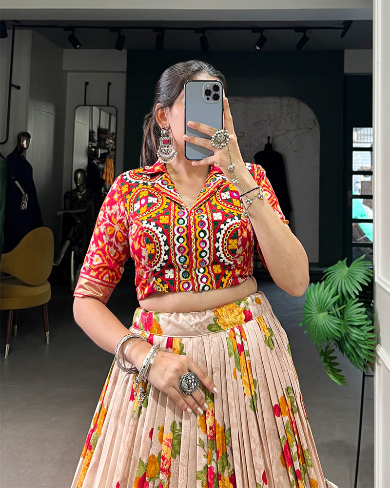 Red Color Tussar Silk Patola Printed Lehenga Choli - ETHNICDEAL