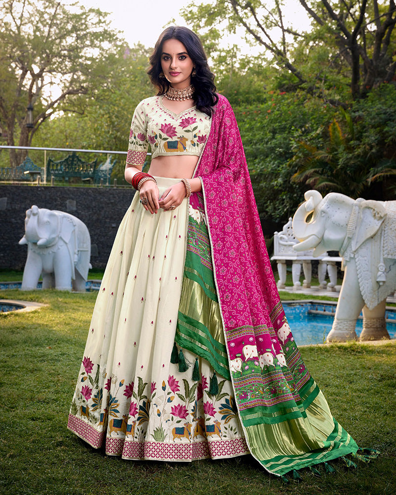 Lotus Shape Off-White Color Cotton Lehenga Choli - ETHNICDEAL