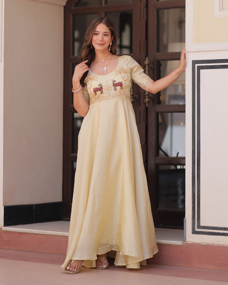 Cream Color Gold Crush Embroidered Work Gown - ETHNICDEAL