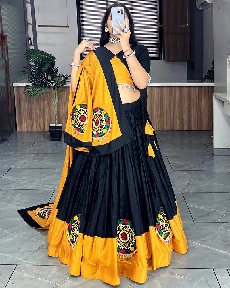 Mustard And Black Color Pure Rayon Cotton Navratri Lehenga Choli - ETHNICDEAL